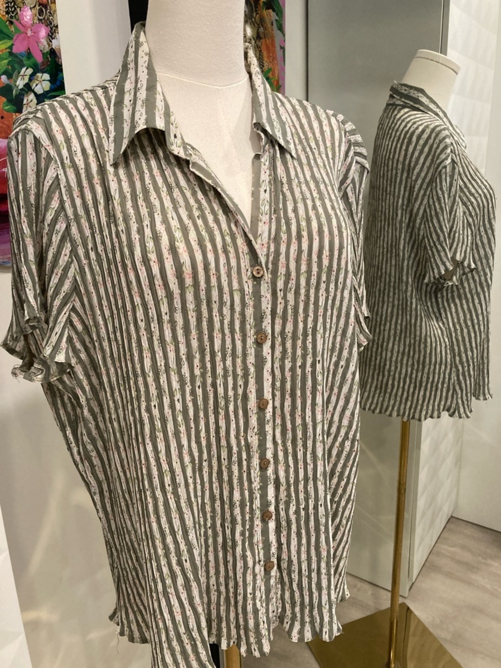 Striped Olive and White Button-Down Shirt with Floral Detail